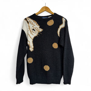 Vintage Bay Club Metallic Cat Sweater Black Gold Knit Novelty Pullover Small